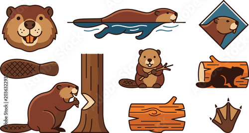 Obraz na płótnie Beaver Vector Icon Collection Featuring Cute Woodland Animals, Tree Cutting Scen