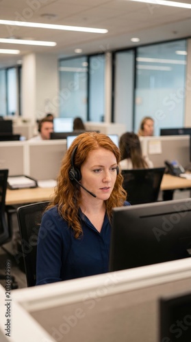 Woman with red hair wears headset working at computer in modern office. Scene represents customer support and professional communication. Ideal for business or service industry websites.