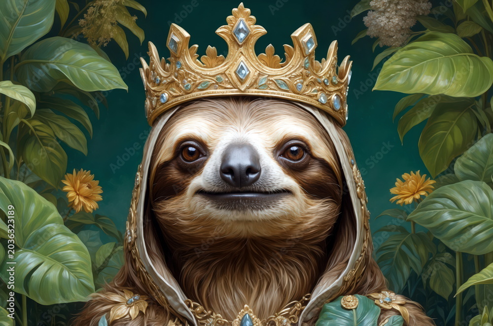 Obraz premium Sloth wearing a crown and robe in a lush green environment with flowers around during daytime