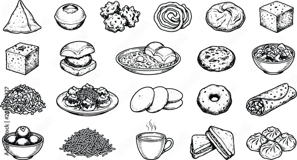 Obraz premium Vintage Asian snack food engraving collection featuring noodles dumplings and bakery meal illustrations