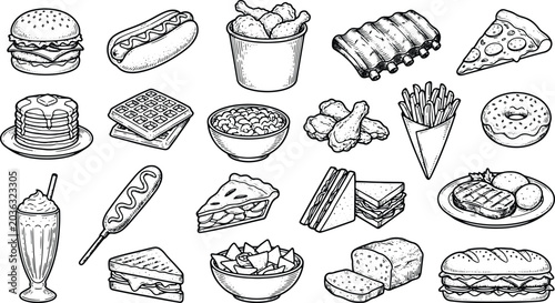 Fast food and dessert hand drawn illustration collection featuring burgers pizza waffles and donuts