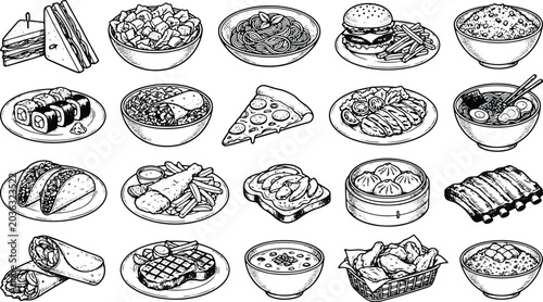 Vintage fast food meal engraving set featuring burgers tacos noodles and crispy snacks