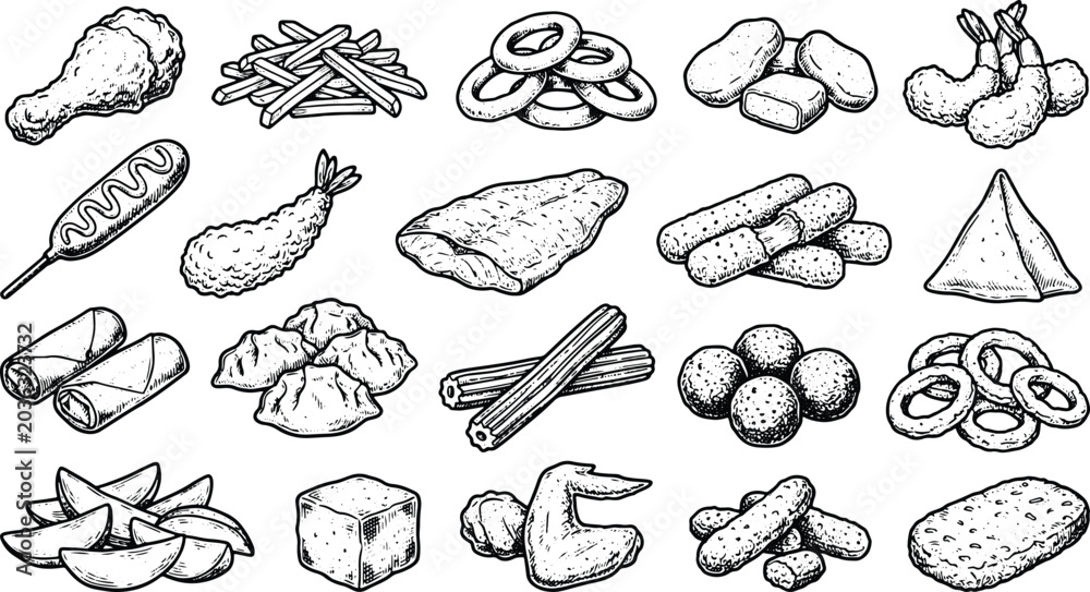 Obraz premium Vintage fried snack food collection featuring crispy appetizers and street food illustrations