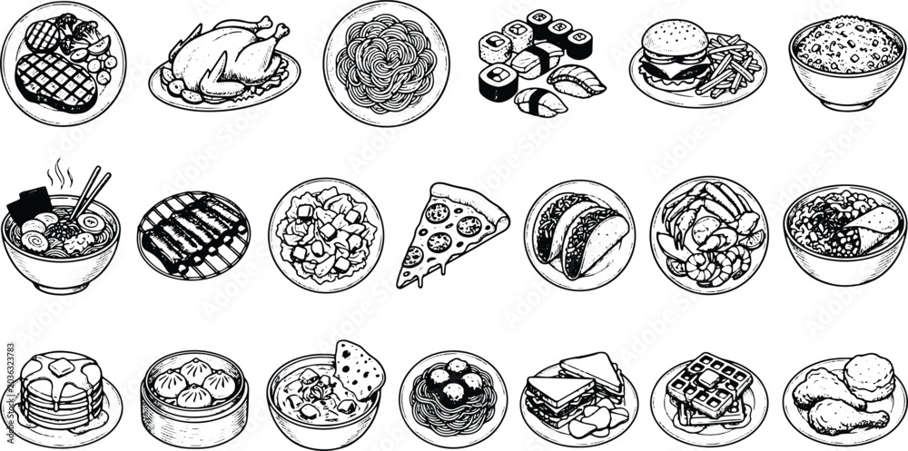 Obraz premium Vintage global food icon collection featuring sushi pasta burgers and traditional meal illustrations