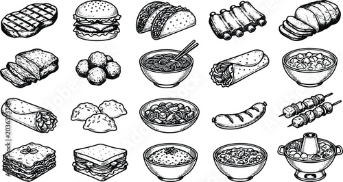 Vintage food meal engraving icon collection featuring burgers tacos noodles soups and sandwiches