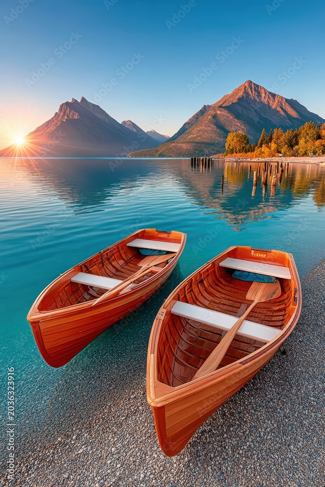 Obraz premium Two wooden rowboats on a calm alpine lake at sunrise with mountain reflections and peaceful shore