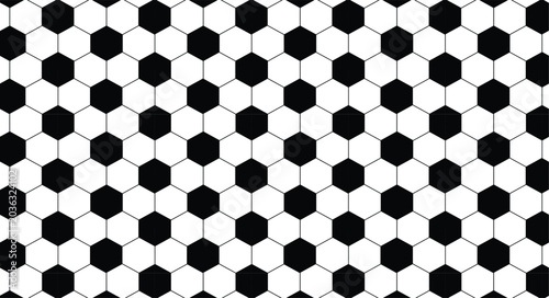 Classic soccer ball leather texture seamless pattern, black and white hexagon geometric vector pattern for football sports background.