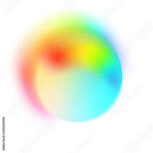 Abstract blurry rainbow bokeh spot isolated on transparent background. Vibrant colorful neon light leak with grain texture. Soft iridescent fluid gradient shape. Ready to use PNG.