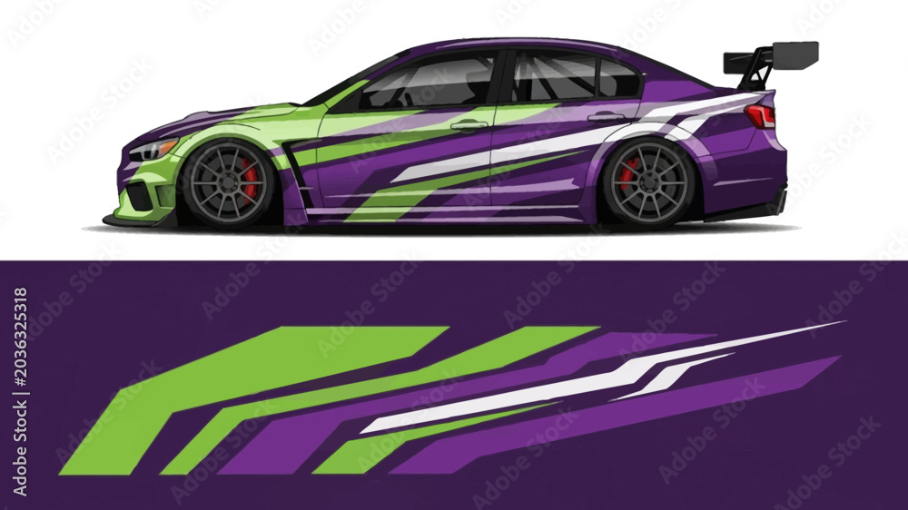 Fototapeta premium Colorful racing car with purple and green livery, side view with dynamic graphics and spoiler.