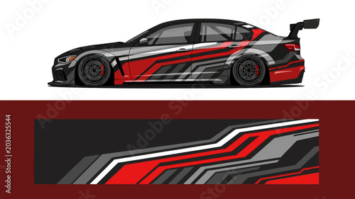 Side view of a high-speed race car with bold red and white graphic accents and close-up stripe details.