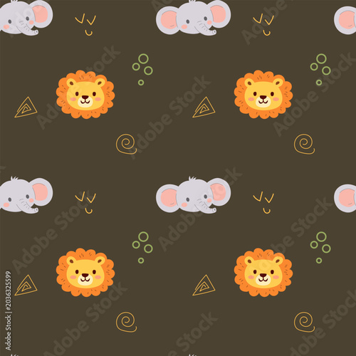 Photography Cute hand drawn beige neutral color safari animals elephant and lion faces on a pastel background, kids seamless pattern fo fabric and textile