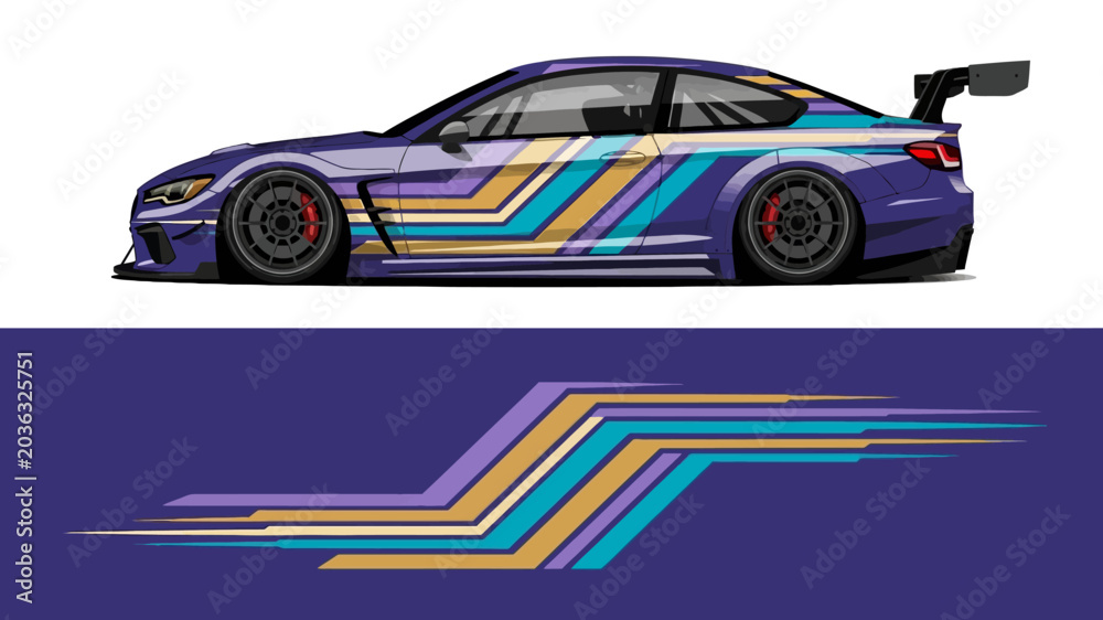 Fototapeta premium Colorful race car illustration with bold striped graphics and dynamic design.