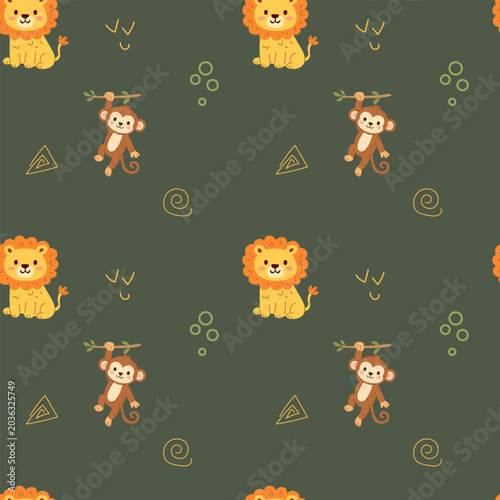 Photography Cute hand drawn beige neutral color safari animals lion and monkey on a pastel background, kids seamless pattern fo fabric and textile