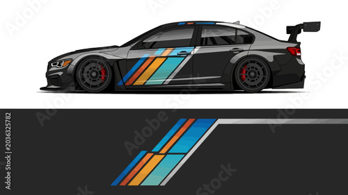 Cuadro en lienzo Race car with blue and orange striped livery beside stylized track artwork
