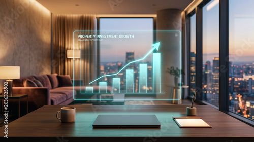 Blank holographic screen display mockup floating in luxury apartment office with city skyline at dusk for real estate investment business data presentation template concept
