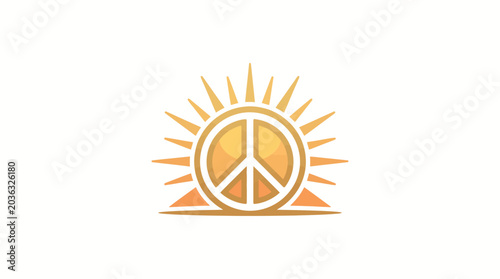 Photos Logo of a peace sign within a sunburst on a white background with warm orange tones and a graphic design style