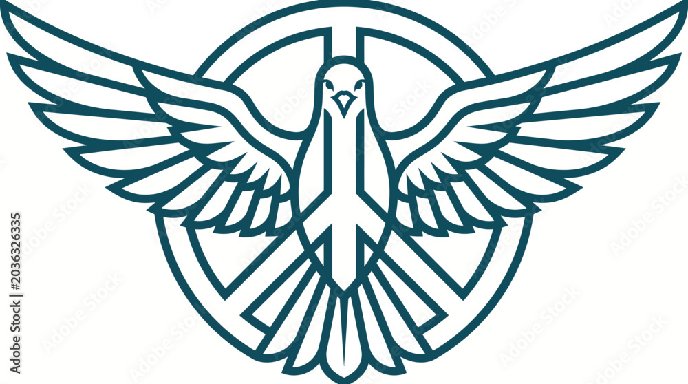 Fototapeta premium Teal line art illustration of a bird with outstretched wings in front of a circular design on a white background.