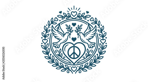 Obraz na płótnie Blue peace sign logo with dove and leafy wreath on white background, symbolizing harmony and love