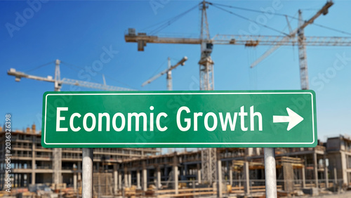 Wegweiser Economic Growth (Wirtschaftswachstum) mit Baustelle im Hintergrund