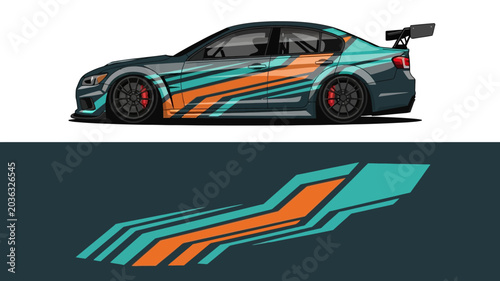 Side-profile of a bold teal and orange sports car with dynamic racing stripes and aerodynamic design.