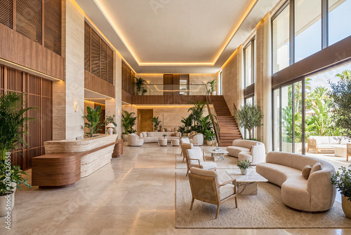 Luxury Hotel Lounge Interior With Warm Wood Finishes and Comfortable Seating for Hospitality Marketing