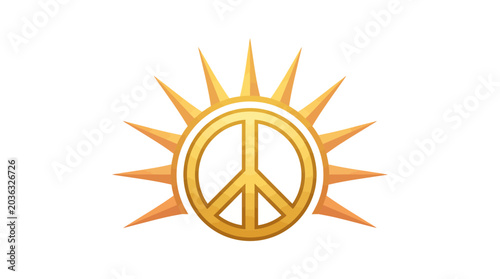Bild auf Leinwand Golden peace sign symbol surrounded by sun rays on a white background with a warm and optimistic mood