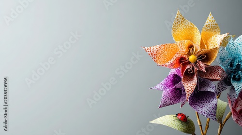 Studio shot of cheerful flower-like pinwheel with lime green, yellow, orange, purple, pink, blue petals with white polka dots, yellow center cap, green stem and leaves, red ladybug, white background, 
