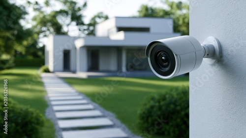 Modern Home Security Camera Monitoring a House with a Green Garden