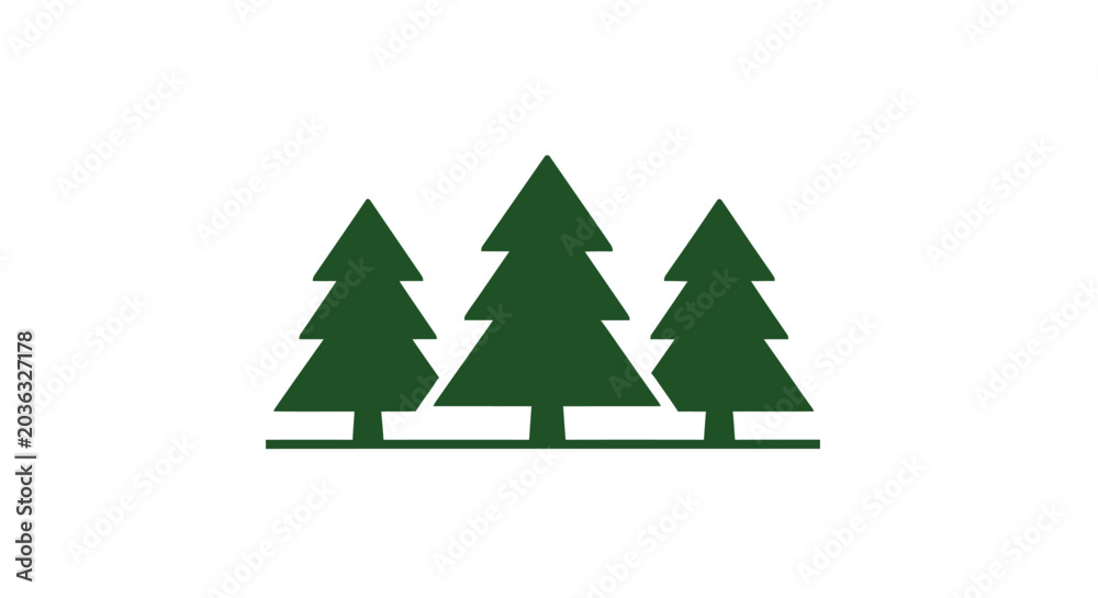 Obraz premium Three green stylized evergreen trees on a white background, simple nature illustration