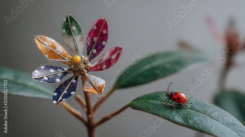 Flower pinwheel with red ladybug with black spots, colorful polka dot petals in green yellow orange purple pink blue, yellow center cap, green leaves and stem, white background right side composition.