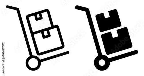 Tableau sur toile Hand trucks carrying stacked boxes icon set in outline and solid style on transp
