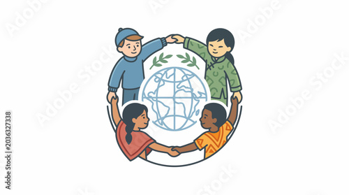 Illustration of diverse children holding hands around a globe with green leaves, conveying unity and environmental awareness in a colorful, flat design.