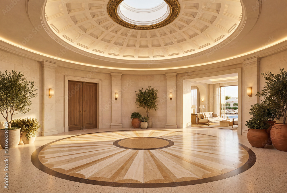 Fototapeta premium Upscale Vacation Hotel Interior With Classical Arches and Calm Hospitality Design for Refined Vacation Marketing
