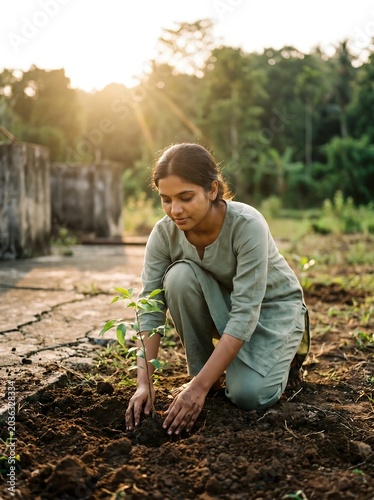 Young Indian woman planting a small green tree seedling