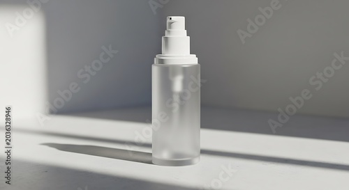 Empty frosted glass cosmetic pump bottle standing on a white surface with harsh sunlight shadows