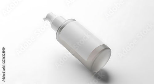 Empty frosted glass cosmetic pump bottle with blank white label, isolated on white background