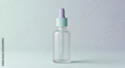 Empty frosted glass dropper bottle with pastel mint green collar and soft lavender rubber bulb