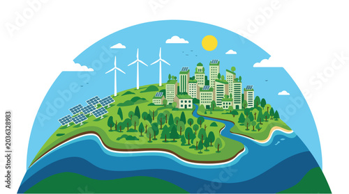 Sustainable cityscape with green landscape, wind turbines, and blue waters under sunny sky