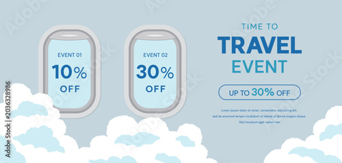 Travel promotion banner template featuring an airplane window frame visible above the clouds. Suitable for tourism marketing and airline ticket discounts.