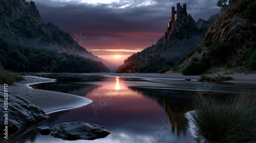 imaginative medieval river landscape at sunset, medieval sunset over a fantasy river valley, ancient riverside landscape in the medieval twilight