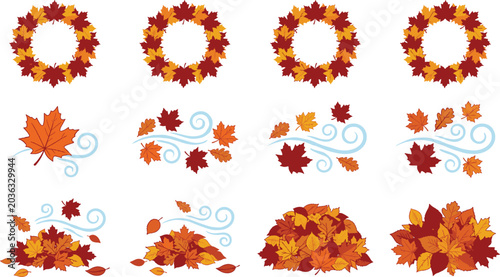 Vector illustration of autumn leaves with wreaths, wind swirls, and piles in seasonal fall designs