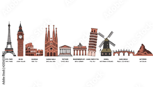 European Capitals Landmark Row Flat Vector Illustration World Travel Icon Set with Eiffel Tower Big Ben Colosseum Sagrada Familia Parthenon Isolated Collection for Marketing Packaging Presentations