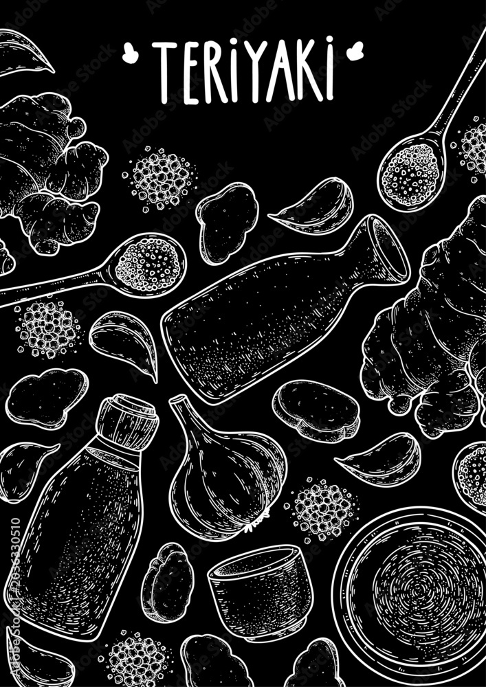 Naklejka premium Hand drawn teriyaki sauce frame vector in engraving sketch style. Detailed border for sauce packaging, condiment labels, food branding, menus, stickers and culinary design. Chalkboard style