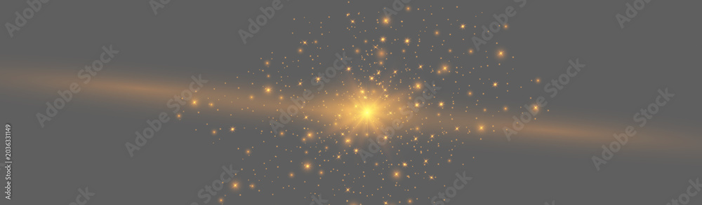 Obraz premium Gold neon horizontal flare with glowing bokeh particles, abstract golden light burst streak on gray background
