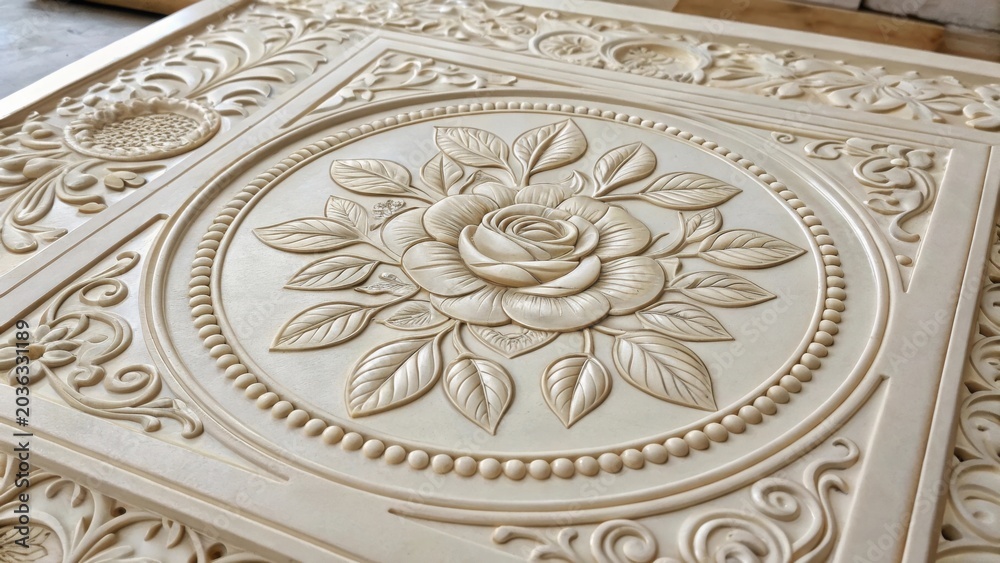 Fototapeta premium Intricate carved rose and floral pattern on a wooden panel