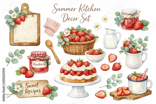 Panel kuchenny z motywem Watercolor strawberry kitchen decor clipart set with desserts jam and rustic elements