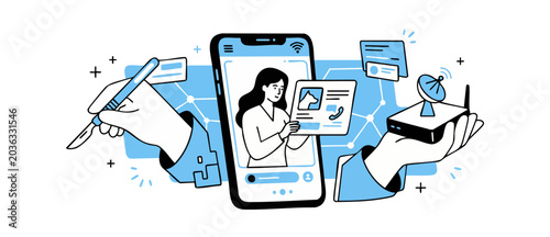 Schilderij op canvas Online Veterinary Telehealth Pet Care smartphone application with hand holding s