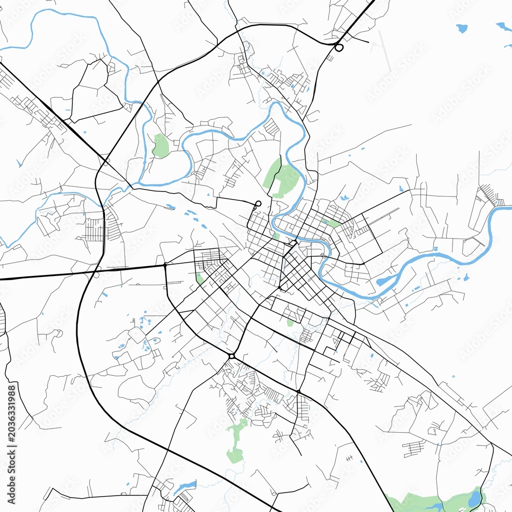Fototapeta premium Minimal vector street map of Vologda, Vologda Oblast, Russia. Detailed urban city plan with roads, highways, residential districts, river landscape, and surrounding natural areas. Modern cartography s