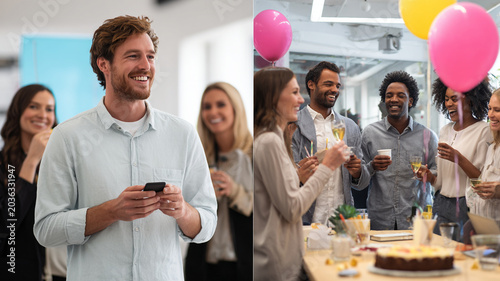 Group of colleagues celebrating product launch in office setting, featuring diverse team enjoying drinks and balloons. atmosphere is joyful and festive, highlighting teamwork and success