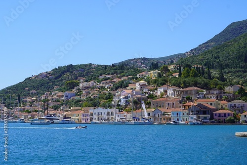 View of the town of Vathy on the island of Ithaca of the Ionian islands in Greece